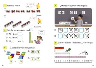 67
¿Dónde colocarías estas tarjetas?
¿En qué número va la rana? ¿Y el conejo?
➀
➁
15 17
19 18 17 15
18 20
punto de partida
6
7
66
Escribe las respuestas en el .
① 10 y 2 son .
② 10 y 8 son .
③ 10 y son 13.
Vamos a contar.
➀
¿Cuál número es más grande?
➀ ➁
➂
3
4
5
➁ fresas
9 11u
13 15o
20 18o
chocolates
10 y 2
son …
dos, cuatro, seis,
ocho, …
cinco, diez
 