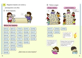 8382
➁ Vamos a jugar.
9 2
9 3
9 4
9 5
9 6
9 7
9 8
9 9
8 3
8 4
8 5
8 6
8 7
8 8
8 9
7 4
7 5
7 6
7 7
7 8
7 9
6 5
6 6
6 7
6 8
6 9
5 6 4 7
4 8
4 9
3 8
3 9
2 9
5 7
5 8
5 9
Alinea las tarjetas
¿Qué notas en estas tarjetas?
Escoge tarjetas Junta las tarjetas
Hagamos tarjetas con sumas y
practiquemos con ellas.
➀ Di la respuesta.
11
15
11
Las tarjetas con la
misma respuesta
están en la misma
fila.
Si el número que vas a
sumar aumenta en 1,
¿cómo cambia el
resultado?
las tarjetas
son diferentes.
8 tarjetas tienen como respuesta
11. Entonces el número de
tarjetas que tienen como
resultado 12 es …
 
