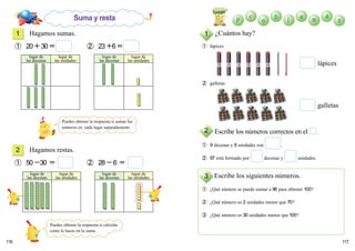 117116
Hagamos sumas.
➀ 20＋30＝ ➁ 23＋6＝
Hagamos restas.
➀ 50－30 ＝ ➁ 28－6 ＝
¿Cuántos hay?
➀ lápices
➁ galletas
Escribe los números correctos en el .
➀ 9 decenas y 8 unidades son .
➁ 67 está formado por decenas y unidades.
Escribe los siguientes números.
➀ ¿Qué número se puede sumar a 96 para obtener 100?
➁ ¿Qué número es 2 unidades menor que 70?
➂ ¿Qué número es 30 unidades menor que100?
lápices
galletas
1
2
1
2
3lugar de
las decenas
lugar de
las unidades
lugar de
las decenas
lugar de
las unidades
lugar de
las decenas
lugar de
las unidades
lugar de
las decenas
lugar de
las unidades
Suma y resta
Puedes obtener la respuesta si sumas los
números en cada lugar separadamente
Puedes obtener la respuesta si calculas
como lo haces en la suma.
 