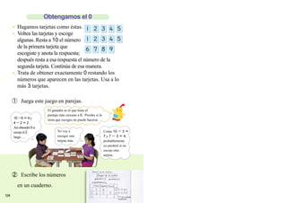 124
● Hagamos tarjetas como éstas.
● Voltea las tarjetas y escoge
algunas. Resta a 10 el número
de la primera tarjeta que
escogiste y anota la respuesta;
después resta a esa respuesta el número de la
segunda tarjeta. Continúa de esa manera.
● Trata de obtener exactamente 0 restando los
números que aparecen en las tarjetas. Usa a lo
más 3 tarjetas.
➀ Juega este juego en parejas.
➁ Escribe los números
en un cuaderno.
Obtengamos el 0
El ganador es el que tiene el
puntaje más cercano a 0. Pierdes si la
resta que escoges no puede hacerse.10－6＝4y
4－2＝2.
Asíobtendré 0si
escojo el2
luego …
Yo voy a
escoger una
tarjeta más.
Como 10 － 3 ＝
7 y 7 － 3 ＝ 4,
probablemente
yo perderé si no
escojo otra
tarjeta.
Jueves 27 de Febrero
Juego de la resta
empatados
restarse
Primero Segundo
ganados perdidos
Tercero
no puede
 