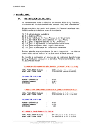 CONSORCIO HABICH
15
2. DISEÑO VIAL
2.1. DISTRIBUCIÓN DEL TRÁNSITO
La Panamericana Norte se desplaza en dirección Norte-Sur y viceversa,
cubriendo la Av. Eduardo de Habich los sentidos Este-Oeste y Oeste-Este.
El desplazamiento del tránsito en la intersección Panamericana Norte – Av.
Habich mantiene el siguiente orden de importancia:
1) N-S, tránsito directo hacia Lima
2) S-N, de Lima al Norte
3) E-O, por Habich, de Av. Túpac Amaru a la Av. Universitaria
4) O-E, por Habich de Av. Universitaria a Av. Túpac Amaru
5) S-O, giro a la izquierda de Lima a la Av. Universitaria
6) O-N, giro a la izquierda de Av. Universitaria hacia el Norte
7) E-S, giro a la izquierda de Av. Túpac Amaru a Lima
8) O-S, giro a la derecha de Av. Universitaria hacia Lima
Existen además otros movimientos de menor importancia. Los últimos
cuatro varían entre sí en importancia de acuerdo al día de semana.
Se muestra a continuación un resumen de los volúmenes durante horas
punta y distribución vehicular en la Carretera Panamericana Norte y en la
Av. Eduardo de Habich.
CARRETERA PANAMERICANA NORTE, (SENTIDO NORTE – SUR)
HORA PUNTA DE LA MAÑANA : 2,834 vehículos, ( 7:15 a 8:15 horas)
HORA PUNTA DE LA TARDE : 3,398 vehículos, (18:15 a 19:15 horas)
DISTRIBUCIÓN VEHICULAR
AUTOS Y CAMIONETAS : 65.0 %
COMBIS Y ÓMNIBUS : 27.4 %
CAMIONES : 7.6 %
CARRETERA PANAMERICANA NORTE, (SENTIDO SUR -NORTE)
HORA PUNTA DE LA MAÑANA : 2,890 vehículos, de 7:15 a 8:15 horas
HORA PUNTA DE LA TARDE : 3,295 vehículos, de 18:30 a 19:30 horas
DISTRIBUCIÓN VEHICULAR
AUTOS Y CAMIONETAS : 71.2%
COMBIS Y ÓMNIBUS : 22.5%
CAMIONES : 6.3%
AV. HABICH, SENTIDO ESTE – OESTE
HORA PUNTA DE LA MAÑANA : 670 vehículos, de 7:15 a 8:15 horas
HORA PUNTA DE LA TARDE : 745 vehículos, de 18:30 a 19:30 horas
ELABORACION DEL ESTUDIO DEFINITIVO
“INTERCAMBIO VIAL PANAMERICANA NORTE – Av. EDUARDO DE HABICH”
 