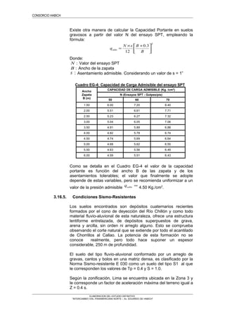 CONSORCIO HABICH
Existe otra manera de calcular la Capacidad Portante en suelos
gravosos a partir del valor N del ensayo SPT, empleando la
fórmula:
2
3.0
12 




 +×
=
B
BsN
qadm
Donde:
:N Valor del ensayo SPT
:B Ancho de la zapata
:s Asentamiento admisible. Considerando un valor de s = 1”
Cuadro EG-4: Capacidad de Carga Admisible del ensayo SPT
Ancho
Zapata
B (m)
CAPACIDAD DE CARGA ADMISIBLE (Kg. /cm²)
N (Ensayos SPT - Golpes/pie)
50 60 70
1.50 6.00 7.20 8.40
2.00 5.51 6.61 7.71
2.50 5.23 6.27 7.32
3.00 5.04 6.05 7.06
3.50 4.91 5.89 6.88
4.00 4.82 5.78 6.74
4.50 4.74 5.69 6.64
5.00 4.68 5.62 6.55
5.50 4.63 5.56 6.49
6.00 4.59 5.51 6.43
Como se detalla en el Cuadro EG-4 el valor de la capacidad
portante es función del ancho B de las zapata y de los
asentamientos tolerables; el valor que finalmente se adopte
depende de estas variables, pero se recomienda uniformizar a un
valor de la presión admisible =admq
4.50 Kg./cm2
.
3.16.5. Condiciones Sismo-Resistentes
Los suelos encontrados son depósitos cuaternarios recientes
formados por el cono de deyección del Río Chillón y como todo
material fluvio-aluvional de esta naturaleza, ofrece una estructura
lentiforme entrelazada, de depósitos superpuestos de grava,
arena y arcilla, sin orden ni arreglo alguno. Esto se comprueba
observando el corte natural que se extiende por todo el acantilado
de Chorrillos al Callao. La potencia de esta formación no se
conoce realmente, pero todo hace suponer un espesor
considerable, 250 m de profundidad.
El suelo del tipo fluvio-aluvional conformado por un arreglo de
gravas, cantos y bolos en una matriz densa, es clasificado por la
Norma Sismo-resistente E 030 como un suelo del tipo S1 al que
le corresponden los valores de Tp = 0.4 y S = 1.0.
Según la zonificación, Lima se encuentra ubicada en la Zona 3 y
le corresponde un factor de aceleración máxima del terreno igual a
Z = 0.4 s.
ELABORACION DEL ESTUDIO DEFINITIVO
“INTERCAMBIO VIAL PANAMERICANA NORTE – Av. EDUARDO DE HABICH”
 