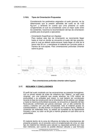 CONSORCIO HABICH
3.16.6. Tipos de Cimentación Propuestas
Considerando los parámetros asignados al suelo gravoso, se ha
determinado que la presión admisible del suelo es de 4.50
Kg./cm2
, y teniendo en cuenta que Lima presenta un suelo
conglomerado el cual es considerado como el mejor suelo entre
los existentes, hacemos la recomendación del tipo de cimentación
posible para el proyecto a ejecutarse:
- Cimentación Superficial con Zapatas:
Para realizar este tipo de cimentación se recomienda llegar
hasta el nivel en donde se encuentra el suelo del tipo gravoso,
para lo cual se deberá sobre-excavar hasta llegar al nivel de la
grava más 50 cm. y reemplazar el material por concreto pobre a
manera de sub-zapata. Para cimentaciones profundas cimentar
sobre la grava.
Para cimentaciones profundas cimentar sobre la grava
3.17. RESUMEN Y CONCLUSIONES
El perfil del suelo mostrado por las excavaciones se presenta homogéneo,
con un primer estrato de suelo de cobertura tipo “relleno”, no apto para
cimentar, con una potencia que puede alcanzar los 2.50 metros de
profundidad o es probable que mayor, lo cual deberá ser corroborado
durante la fase de construcción de la cimentación de los pilares; por debajo
y hasta la máxima profundidad excavada, se encuentra un deposito del tipo
fluvio-aluvial, conformado por gravas arenosas con un alto contenido de
cantos y bolones con una alta compacidad, todo el material grueso es
subredondeado y de alta dureza; el conjunto se muestra denso, debido al
contenido de materiales finos, su estado de humedad es de ligeramente
húmedo a seco, su color va de gris a marrón grisáceo el cual varía con la
profundidad.
El material dentro de la zona de influencia de todas las cimentaciones del
presente proyecto, es el conocido como el conglomerado de Lima; en este
tipo de material los métodos para calcular su capacidad portante son mas
bien indirectos, aún cuando es posible efectuar cálculos y usar fórmulas
ELABORACION DEL ESTUDIO DEFINITIVO
“INTERCAMBIO VIAL PANAMERICANA NORTE – Av. EDUARDO DE HABICH”
GRAVA
Z.2
Z.1
Z.3 Z.4
Sub-Zapata de
concreto pobre
3.00 m
0.00 m
3.00 m
 
