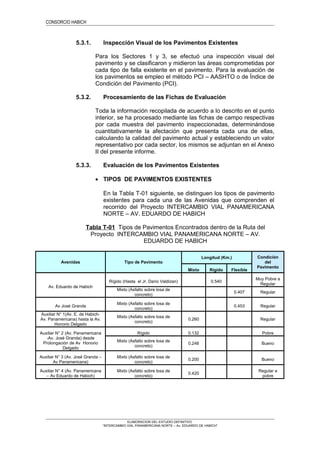 CONSORCIO HABICH
5.3.1. Inspección Visual de los Pavimentos Existentes
Para los Sectores 1 y 3, se efectuó una inspección visual del
pavimento y se clasificaron y midieron las áreas comprometidas por
cada tipo de falla existente en el pavimento. Para la evaluación de
los pavimentos se empleo el método PCI – AASHTO o de Índice de
Condición del Pavimento (PCI).
5.3.2. Procesamiento de las Fichas de Evaluación
Toda la información recopilada de acuerdo a lo descrito en el punto
interior, se ha procesado mediante las fichas de campo respectivas
por cada muestra del pavimento inspeccionadas, determinándose
cuantitativamente la afectación que presenta cada una de ellas,
calculando la calidad del pavimento actual y estableciendo un valor
representativo por cada sector, los mismos se adjuntan en el Anexo
II del presente informe.
5.3.3. Evaluación de los Pavimentos Existentes
• TIPOS DE PAVIMENTOS EXISTENTES
En la Tabla T-01 siguiente, se distinguen los tipos de pavimento
existentes para cada una de las Avenidas que comprenden el
recorrido del Proyecto INTERCAMBIO VIAL PANAMERICANA
NORTE – AV. EDUARDO DE HABICH
Tabla T-01 Tipos de Pavimentos Encontrados dentro de la Ruta del
Proyecto INTERCAMBIO VIAL PANAMERICANA NORTE – AV.
EDUARDO DE HABICH
Avenidas Tipo de Pavimento
Longitud (Km.) Condición
del
Pavimento
Mixto Rígido Flexible
Av. Eduardo de Habich
Rígido (Hasta el Jr. Darío Valdizan) 0.540
Muy Pobre a
Regular
Mixto (Asfalto sobre losa de
concreto)
0.407 Regular
Av José Granda
Mixto (Asfalto sobre losa de
concreto)
0.453 Regular
Auxiliar N° 1(Av. E. de Habich-
Av. Panamericana) hasta la Av.
Honorio Delgado
Mixto (Asfalto sobre losa de
concreto)
0.260 Regular
Auxiliar N° 2 (Av. Panamericana
-Av. José Granda) desde
Prolongación de Av Honorio
Delgado
Rígido 0.132 Pobre
Mixto (Asfalto sobre losa de
concreto)
0.248 Bueno
Auxiliar N° 3 (Av. José Granda –
Av Panamericana)
Mixto (Asfalto sobre losa de
concreto)
0.200 Bueno
Auxiliar N° 4 (Av. Panamericana
– Av Eduardo de Habich)
Mixto (Asfalto sobre losa de
concreto)
0.420
Regular a
pobre
ELABORACION DEL ESTUDIO DEFINITIVO
“INTERCAMBIO VIAL PANAMERICANA NORTE – Av. EDUARDO DE HABICH”
 