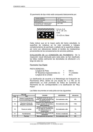 CONSORCIO HABICH
El pavimento de tipo mixto está compuesto básicamente por:
Carpeta asfáltica e = 1”
Losa de Concreto 15 – 20cm.
Base granular 15 cm. a 25 cm.
Subrasante de material gravo
arenoso limpio, compactado
(GP- GM)
Cabe indicar que en la mayor parte del tramo estudiado, la
superficie de rodadura se ha visto sometida a trabajos
complementarios de parchado y sellado de la superficie antigua,
así como por alteraciones debido al tendido de instalaciones
provenientes de los concesionarios de servicios públicos.
EVALUACIÓN DE LA CONDICIÓN DE PAVIMENTO.- De la
inspección visual efectuada para cada pista, se han clasificado
las fallas visibles estimando las densidades de afectación a lo
largo de esta vía:
Pavimento Tipo Rígido
PISTA DERECHA.-
Longitud de Pista = 546 m
N° Muestras inspeccionadas (n) = 11 unidades
Longitud de la Unidad = 40 m.
La clasificación de acuerdo a la Metodología de Evaluación de
Pavimentos (PCI), dentro de una escala de 1 a 100, se ha
determinado un nivel promedio de Índice de Condición de
Pavimento de 25, correspondiente a la clasificación de “Muy
Pobre”
Las fallas recurrentes en esta pista son las siguientes:
FALLAS
CAUSAS SEVERIDAD Afectación
Cod. Tipo
3
Grietas Longitudinales/
Transversales/diagonales
Desgaste inicial de vía por
causa de cargas pesadas que
circulan por la vía.
De moderada a alta 6%
13
Fisuras en forma de
Bloques y escamado
Deterioro por repeticiones de
cargas pesadas de transito y
débil fundación
De moderada a alta 7.6%
14 Fisura en Juntas
Debido a diversos factores
uno de ellos es causado por
las deficiencias en la
construcción.
De moderada a alta 1%
11 Hundimientos
Asentamiento diferencial del
pavimento
De leve a moderada 1%
7 Parches Mala ejecución de parches De moderada a alta 9%
ELABORACION DEL ESTUDIO DEFINITIVO
“INTERCAMBIO VIAL PANAMERICANA NORTE – Av. EDUARDO DE HABICH”
15 a 20 cm.
Losa
15 a 25 cm. Base
2.5 cm. C.A
 