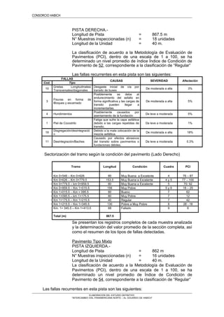 CONSORCIO HABICH
PISTA DERECHA.-
Longitud de Pista = 867.5 m
N° Muestras inspeccionadas (n) = 18 unidades
Longitud de la Unidad = 40 m.
La clasificación de acuerdo a la Metodología de Evaluación de
Pavimentos (PCI), dentro de una escala de 1 a 100, se ha
determinado un nivel promedio de índice Índice de Condición de
Pavimento de 52, correspondiente a la clasificación de “Regular”
Las fallas recurrentes en esta pista son las siguientes:
FALLAS
CAUSAS SEVERIDAD Afectación
Cod. Tipo
10
Grietas Longitudinales/
Transversales/diagonales
Desgaste inicial de vía por
transito de buses
De moderada a alta 3%
3
Fisuras en forma de
Bloques y escamado
Posiblemente se deba al
endurecimiento del asfalto en
forma significativa y las cargas de
transito pueden llegar a
incrementarlas.
De moderada a alta 5%
4 Hundimientos
Posiblemente causados por
asentamiento de la fundación
De leve a moderada 5%
1 Piel de Cocodrilo
Fatiga que sufre la capa asfáltica
debido a las cargas repetidas de
transito.
De leve a moderada 1%
19
Disgregación/desintegració
n
Debido a la mala colocación de la
mezcla asfáltica.
De moderada a alta 18%
11 Desintegración/Baches
Causado por efectos abrasivos
del transito sobre pavimentos o
fundaciones débiles.
De leve a moderada 0.3%
Sectorización del tramo según la condición del pavimento (Lado Derecho)
Tramo Longitud Condición Cuadra PCI
Km 0+546 – Km 0+626 80 Muy Buena a Excelente 4 76 – 87
Km 0+626 – Km 0+779.5 153.5 Muy Buena a Excelente 4 y 5 77 – 100
Km 0+779.5 – km 0+859.5 80 Muy Buena a Excelente 5 70- 92
Km 0+859.5 – Km 1+015.5 156 Muy Pobre 5 y 6 18 – 25
Km 1+015.5 – Km + 095.5 80 Bueno 7 62
Km 1+095.5 – km 1+175.5 80 Muy Pobre 7 12
Km 1+175.5 – Km 1+215.5 40 Regular 7 42
Km 1+215.5 – Km 1+345.5 130 Pobre a Muy Pobre 8 28 - 18
Km. 1+ 345.5 – Km 1+413.5 68 Fallado 9 6
Total (m) 867.5
Se presentan los registros completos de cada muestra analizada
y la determinación del valor promedio de la sección completa, así
como el resumen de los tipos de fallas detectadas.
Pavimento Tipo Mixto
PISTA IZQUIERDA.-
Longitud de Pista = 862 m
N° Muestras inspeccionadas (n) = 16 unidades
Longitud de la Unidad = 40 m.
La clasificación de acuerdo a la Metodología de Evaluación de
Pavimentos (PCI), dentro de una escala de 1 a 100, se ha
determinado un nivel promedio de Índice de Condición de
Pavimento de 54, correspondiente a la clasificación de “Regular”
Las fallas recurrentes en esta pista son las siguientes:
ELABORACION DEL ESTUDIO DEFINITIVO
“INTERCAMBIO VIAL PANAMERICANA NORTE – Av. EDUARDO DE HABICH”
 
