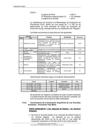 CONSORCIO HABICH
PISTA.-
Longitud de Pista = 420 m
N° Muestras inspeccionadas (n) = 10 unidades
Longitud de la Unidad = 40 m
La clasificación de acuerdo a la Metodología de Evaluación de
Pavimentos (PCI), dentro de una escala de 1 a 100, se ha
determinado un nivel promedio de Índice de Condición de
Pavimento de 53, correspondiente a la clasificación de “Regular”.
Las fallas recurrentes en esta pista son las siguientes:
FALLAS
CAUSAS SEVERIDAD Afectación
Cod. Tipo
8 Reflexión de Juntas
Generalmente son causadas por el
movimiento de las losas de concreto
como resultado de cambios de
temperatura o cambios en los
contenidos de humedad
De leves a moderadas 2.9%
10
Grietas Longitudinales
y Transversales
Desgaste de vía por transito de buses De leves a moderadas 3.1%
11
Bacheo y Zanjas
separadas
Desintegración total de la superficie
causante de baches
Altas 7.2%
19
Disgregación
/Desintegración
superficial
Generalmente son originadas por
perdida de propiedades ligantes del
asfalto , mezclas de mala calidad o
deficiencias durante el proceso
constructivo
Leves a altas 9.7
3 Bloques
Posiblemente se deba al
endurecimiento del asfalto en forma
significativa y las cargas de transito
pueden llegar a incrementarlas
Moderadas a altas 9.3
4 Hundimientos
Causados posiblemente por
asentamientos de la fundación, o
deficiencias durante el proceso
constructivo.
Leves a altas 5.1
Sectorización del tramo según la condición del pavimento
Tramo Longitud Condición PCI
Km. 0+000 – Km. 0+080 80 Muy Bueno a Bueno 75 - 64
Km. 0+080 – Km. 0 +200 120 Regular a Bueno 51 – 60
Km. 0 +200 – Km. 0 +320 120 Pobre a Muy pobre 38 - .21
Km. 0 +320 – Km. 0 +420 100 Bueno 62 – 70
Total (m) 420
Se presentan los registros completos de cada muestra analizada
y la determinación del valor promedio de la sección completa, así
como el resumen de los tipos de fallas detectadas.
5.3.8. Conclusiones de la Evaluación Superficial de Las Avenidas
Auxiliares – Pavimento Tipo Mixto
PISTA AUXILIAR N° 1 (Av. Eduardo de Habich – Av. Honorio
Delgado)
⇒ Se inició el recorrido desde la Av. Eduardo de Habich hasta la
Av. Honorio delgado en dirección al sur, la longitud
aproximada del tramo es de es de 260 m. Las hojas de
evaluación presentan un formato de 20 m por cada sección.
ELABORACION DEL ESTUDIO DEFINITIVO
“INTERCAMBIO VIAL PANAMERICANA NORTE – Av. EDUARDO DE HABICH”
 
