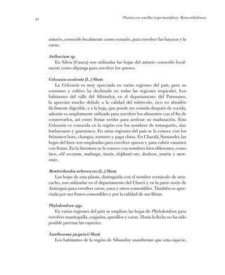Plantas con semillas (espermatofitas). Monocotiledóneas43
anturio, conocido localmente como corazón, para envolver las hay...