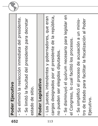 652 113
Poder
Ejecutivo
-
Se
eliminó
la
reelección
inmediata
del
presidente.
-
Se
limitó
la
facultad
del
presidente
para
decretar
estado
de
sitio.
Poder
Legislativo
-
Los
jueces,
intendentes
y
gobernadores,
que
eran
cargos
designados
por
el
presidente
de
la
república,
no
pueden
ser
elegidos
diputados.
-
Se
disminuyó
el
quórum
necesario
para
legislar
en
el
Congreso,
lo
cual
facilitó
los
procesos.
-
Se
simplificó
el
proceso
de
acusación
a
un
minis-
tro
de
Estado
para
facilitar
la
fiscalización
al
Poder
Ejecutivo.
 