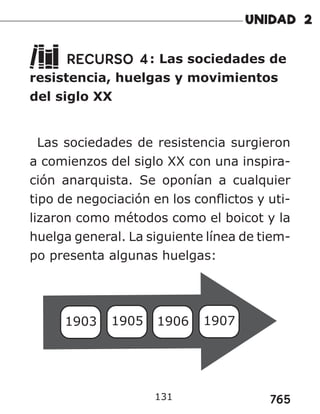 765
RECURSO 4: Las sociedades de
resistencia, huelgas y movimientos
del siglo XX
Las sociedades de resistencia surgieron
a comienzos del siglo XX con una inspira-
ción anarquista. Se oponían a cualquier
tipo de negociación en los conflictos y uti-
lizaron como métodos como el boicot y la
huelga general. La siguiente línea de tiem-
po presenta algunas huelgas:
1903 1905 1906 1907
131
 