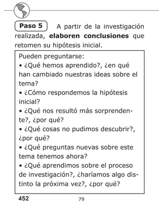 452 79
Paso 5 A partir de la investigación
realizada, elaboren conclusiones que
retomen su hipótesis inicial.
Pueden preguntarse:
• ¿Qué hemos aprendido?, ¿en qué
han cambiado nuestras ideas sobre el
tema?
• ¿Cómo respondemos la hipótesis
inicial?
• ¿Qué nos resultó más sorprenden-
te?, ¿por qué?
• ¿Qué cosas no pudimos descubrir?,
¿por qué?
• ¿Qué preguntas nuevas sobre este
tema tenemos ahora?
• ¿Qué aprendimos sobre el proceso
de investigación?, ¿haríamos algo dis-
tinto la próxima vez?, ¿por qué?
 