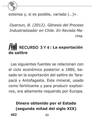 462 80
extensa y, si es posible, variada (…)».
Oyarzun, B. (2012). Génesis del Proceso
Industrializador en Chile. En Revista Ma-
rina.
RECURSO 3 Y 4 : La exportación
de salitre
Las siguientes fuentes se relacionan con
el ciclo económico posterior a 1880, ba-
sado en la exportación del salitre de Tara-
pacá y Antofagasta. Este mineral, usado
como fertilizante y para producir explosi-
vos, era altamente requerido por Europa.
Dinero obtenido por el Estado
(segunda mitad del siglo XIX)
 