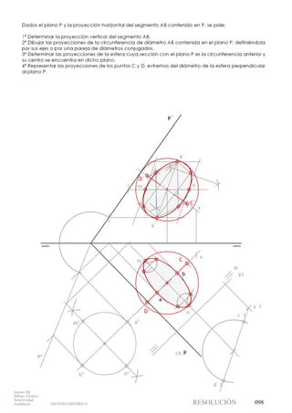 P
P`
b
a
b`
a`
ch
Pº
bº
aºmº
nº
m
n
m` n`
H
V1
x`
x
x`1
c`1
d`1
C
D
C`
D`
Dados el plano P y la proyección horizontal del segmento AB contenido en P, se pide:
1º Determinar la proyección vertical del segmento AB.
2º Dibujar las proyecciones de la circunferencia de diámetro AB contenida en el plano P, definiéndola
por sus ejes o por una pareja de diámetros conjugados.
3º Determinar las proyecciones de la esfera cuya sección con el plano P es la circunferencia anterior y
su centro se encuentra en dicho plano.
4º Representar las proyecciones de los puntos C y D, extremos del diámetro de la esfera perpendicular
al plano P.
098
Ismael IM
Dibujo Técnico
Selectividad
Andalucía SISTEMA DIÉDRICO RESOLUCIÓN
 