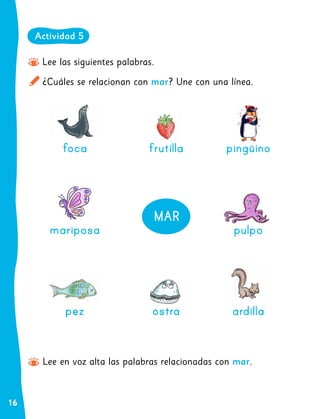 16
Lee las siguientes palabras.
¿Cuáles se relacionan con mar? Une con una línea.
Lee en voz alta las palabras relacionadas con mar.
foca
mariposa
pez
frutilla
MAR
ostra
pingüino
pulpo
ardilla
Actividad 5
 