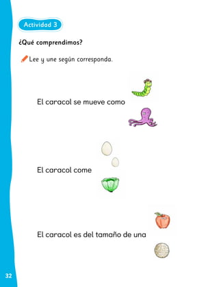 32
El caracol come
El caracol es del tamaño de una
¿Qué comprendimos?
Lee y une según corresponda.
El caracol se mueve como
Actividad 3
 