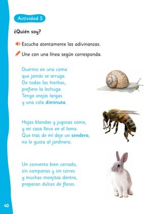 40
¿Quién soy?
Escucha atentamente las adivinanzas.
Une con una línea según corresponda.
Duermo en una cama
que jamás se arruga.
De todas las hierbas,
prefiero la lechuga.
Tengo orejas largas
y una cola diminuta.
Hojas blandas y jugosas como,
y mi casa llevo en el lomo.
Que tras de mí deje un sendero,
no le gusta al jardinero.
Un convento bien cerrado,
sin campanas y sin torres
y muchas monjitas dentro,
preparan dulces de flores.
Actividad 5
 
