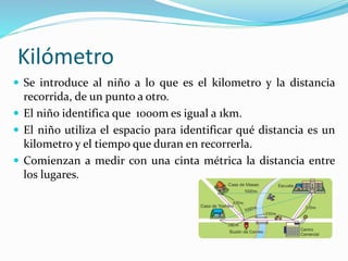 Kilómetro
 Se introduce al niño a lo que es el kilometro y la distancia
recorrida, de un punto a otro.
 El niño identifica que 1000m es igual a 1km.
 El niño utiliza el espacio para identificar qué distancia es un
kilometro y el tiempo que duran en recorrerla.
 Comienzan a medir con una cinta métrica la distancia entre
los lugares.
 