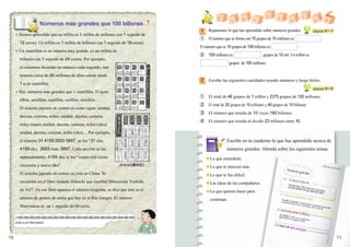 Números más grandes que 100 billones
                                                                                          1    Repasemos lo que has aprendido sobre números grandes                 páginas 6〜7
     ● Hemos aprendido que un billón es 1 millón de millones (un 1 seguido de
                                                                                          ①    El número que se forma con 10 grupos de 10 millones es                    .
       12 ceros). Un trillón es 1 millón de billones (un 1 seguido de 18 ceros).
                                                                                          El número que es 10 grupos de 100 billones es                   .
     ● Un cuatrillón es un número muy grande, es un millón de
                                                                                          ②    100 millones es                    grupos de 10 mil. Un trillón es
       trillones (un 1 seguido de 24 ceros). Por ejemplo,
                                                                                                             grupos de 100 millones.
       si contamos diciendo un número cada segundo, nos
       tomaría cerca de 30 millones de años contar desde
                                                                                          2    Escribe las siguientes cantidades usando números y luego léelos.
       1 a un cuatrillón.
                                                                                                                                                                    páginas 8〜9
     ● Hay números más grandes que 1 cuatrillón. El quin-
                                                                                          ① El total de 46 grupos de 1 trillón y 2375 grupos de 100 millones.
       tillón, sextillón, septillón, octillón, nonillón…
                                                                                          ② El total de 20 grupos de 10 trillones y 40 grupos de 10 billones.
       El sistema japonés de conteo es como sigue: unidad,
                                                                                          ③ El número que resulta de 10 veces 180 billones.
       decena, centena, miles; unidad, decena, centena,
                                                                                          ④ El número que resulta al dividir 23 trillones entre 10.
       miles (man); unidad, decena, centena, miles (oku);
       unidad, decena, centena, miles (cho)… Por ejemplo,
       el número 31 4159 2653 5897 se lee “31 cho,                                                         Escribe en tu cuaderno lo que has aprendido acerca de
       4159 oku, 2653 man, 5897. Cada sección se lee                                                       números grandes. Aborda sobre los siguientes temas.
       separadamente, 4159 oku se lee “cuatro mil ciento                                      ★Lo que entendiste.
       cincuenta y nueve oku”.                                             Jinkoki(塵劫記)
                                                                                              ★Lo que te interesó más.
       El sistema japonés de conteo se creó en China. Se                                      ★Lo que te fue difícil.
       encuentra en el libro titulado Jinkuoki que escribió Mitsuyoshi Yoshida                ★Las ideas de tus compañeros.
       en 1627. En ese libro aparece el número Gogasha, se dice que éste es el                ★Lo que quieres hacer para
       número de granos de arena que hay en el Río Ganges. El número                            continuar.
       Muryotaisu es un 1 seguido de 60 ceros.

     1,000,000,000,000,000,000,000,000,000,000,000,000,000,000,000,000,000,000,000,000
     ¡Este es un Muryotaisu!



10                                                                                                                                                                                11
 