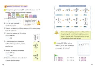 Cómo calcular 322÷14 en la forma vertical
      2 División con números de 2 dígitos
                                                                                                                           2                   2                         2
     1 Se repartirán equitativamente 322 cartulinas de colores entre 14                          14 32 2               14 32 2             14 32 2                   14 32 2
                                                                                                                                              28                        28
       alumnos. ¿Cuántas cartulinas le tocan a cada uno?                                                                                                                 4
                                                                                                   Donde iniciar           Divide             Multiplica                  Resta


     ① Escribe una división.                                                                         2                     2 3                 2      3                  2        3
                                           ¿Pueden repartirse 3 paquetes
                                                                                                 14 32 2               14 32 2             14 32      2              14 32        2
                                                                                                    28                    28                  28                        28
                                           con 100 cartulinas cada uno
                                                                                                     4 2                   4 2                 4      2                  4        2
     ② ¿En qué lugar empezarás a           entre 14 niños, sin tener que
                                                                                                                                               4      2                  4        2
                                           abrir un paquete?
                                                                                                                                                                                  0
       calcular el cociente?
                                                                                                   Baja el número           Divide            Multiplica                  Resta
     ③ Cambia los paquetes de 100 por paquetes de 10, ¿cuántos paque-
       tes de 10 se forman?
                                                                                                              Primero decidimos en qué lugar empezaremos el cálculo, escribimos
     ④ Reparte los paquetes de 10 cartulinas                      (                                           ahí el primer dígito del cociente. Después multiplicamos, restamos y

                                                                  (
       entre los 14 niños.
                                                                   10 cartulinas
                                                                   Paquetes con
                                                                                                              bajamos el número que queda. Si es necesario repetimos esos pasos.
                                                                                   Cartulinas
                                                                                    sueltas
              ÷14                                                                                             ¡Al hacer la división debemos decidir qué hacer!

     ⑤ Imagínate que abres los paquetes
                                                                  )
                                                                  )

                                                                                                2 Calcula 980÷28 en la forma
       de 10 cartulinas que sobran, ¿cuántas                         2
                                                                 14 32 2                                                                                   2     8    9      8        0
                                                                                                 vertical. ¿En qué lugar escribirás el
       cartulinas son?                                              28
                                                                     4                           primer dígito del cociente?
     ⑥ Reparte las cartulinas que quedan
       entre los 14 niños.
                                                                     2 3
               ÷14                                               14 32 2
     ⑦ ¿Cuántas cartulinas se dan a cada niño?                      28                           ① 736÷16                    ② 810÷18                      ③ 851÷26
                                                                     4 2
       ¿Cuántas cartulinas sobran?                                                               ④ 585÷39                    ⑤ 612÷36                      ⑥ 578÷23


94                                                                                                                                                                                        95
 