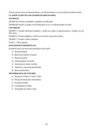 58
El bocio puede cursar con hipotiroidismo, con hipertiroidismo o con una función tiroidea normal.
CLASIFICACION DE LOS GRADOS DE BOCIO (OMS)
SIN BOCIO
GRADO 0a Tiroides no palpable o palpable con dificultad
GRADO 0b Tiroides se palpa con facilidad pero no se ve al hiperextender el cuello.
CON BOCIO
GRADO 1: Tiroides fácilmente palpable y visible con cuello en hiperextension o tiroides con nó-
dulo único
GRADO 2: Tiroides palpable y visible con el cuello en posición normal
GRADO 3: Tiroides visible a distancia
Grado 4 : Bocio gigante.
DIAGNOSTICO DIFERENCIAL
Se deberá hacer con otras masas patológicas del cuello:
a) Quiste branquial
b) Quiste del conducto tirogloso
c) Higroma quistito
d) Adenomegalias cervicales
e) Aneurisma de arteria carótida
f) Adenoma o carcinoma paratiroideo
g) Quiste paratiroideo.
METODOLOGIA DE ESTUDIO
a) Dosaje de T4 libre, T3 libre y TSH
b) Dosaje de anticuerpos antitiroideos
c) Ecografía tiroidea
d) Centellograma tiroideo
e) Tomografía de cuello y tórax.
 