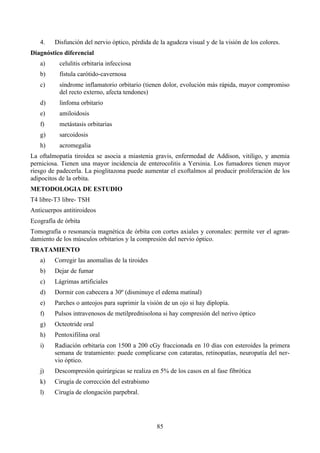85
4. Disfunción del nervio óptico, pérdida de la agudeza visual y de la visión de los colores.
Diagnóstico diferencial
a) celulitis orbitaria infecciosa
b) fístula carótido-cavernosa
c) síndrome inflamatorio orbitario (tienen dolor, evolución más rápida, mayor compromiso
del recto externo, afecta tendones)
d) linfoma orbitario
e) amiloidosis
f) metástasis orbitarias
g) sarcoidosis
h) acromegalia
La oftalmopatía tiroidea se asocia a miastenia gravis, enfermedad de Addison, vitiligo, y anemia
perniciosa. Tienen una mayor incidencia de enterocolitis a Yersinia. Los fumadores tienen mayor
riesgo de padecerla. La pioglitazona puede aumentar el exoftalmos al producir proliferación de los
adipocitos de la orbita.
METODOLOGIA DE ESTUDIO
T4 libre-T3 libre- TSH
Anticuerpos antitiroideos
Ecografía de órbita
Tomografía o resonancia magnética de órbita con cortes axiales y coronales: permite ver el agran-
damiento de los músculos orbitarios y la compresión del nervio óptico.
TRATAMIENTO
a) Corregir las anomalías de la tiroides
b) Dejar de fumar
c) Lágrimas artificiales
d) Dormir con cabecera a 30º (disminuye el edema matinal)
e) Parches o anteojos para suprimir la visión de un ojo si hay diplopía.
f) Pulsos intravenosos de metilprednisolona si hay compresión del nerivo óptico
g) Octeotride oral
h) Pentoxifilina oral
i) Radiación orbitaria con 1500 a 200 cGy fraccionada en 10 días con esteroides la primera
semana de tratamiento: puede complicarse con cataratas, retinopatías, neuropatía del ner-
vio óptico.
j) Descompresión quirúrgicas se realiza en 5% de los casos en al fase fibrótica
k) Cirugía de corrección del estrabismo
l) Cirugía de elongación parpebral.
 