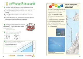 3938
Para cocinar sekihan para 4 personas se utilizan 400 gramos de arroz y 40
gramos de ejotes. (Sekihan es arroz con ejotes rojos).
① ¿Cuántos gramos de arroz y ejotes se necesitan para cocinar sekihan para
2 personas?
② ¿Cuántos gramos de arroz y ejotes se necesitan para cocinar sekihan para
8 personas?
③ Si tenemos 600 gramos de arroz y usamos la receta para preparar 4 porciones,
¿cuántos gramos de ejotes necesitamos para cocinar sekihan?
En la urna de la derecha, la razón entre canicas rojas
y las blancas es . Si hay 28 canicas blancas, ¿cuántas
canicas rojas debe haber?
Se sobreponen dos triángulos haciendo coincidir su
ángulo recto (como se muestra en la figura).
Calcula la longitud del lado DE.
Escribe los números correctos en los .3
• Aplicar el concepto de razones equivalentes.
• Expresar la razón entre dos cantidades.
• Encontrar el valor faltante en dos razones equivalentes.
• Encontrar razones equivalentes a partir de un diagrama.
• En el mapa se muestra una carretera que cruza
el mar en la prefectura de Okinawa. El mapa
está trazado en una razón (o escala) de
. Esto significa que el tamaño
real es 50,000 veces la longitud indicada
en el mapa.
① ¿A cuántos cm equivalen 5 Km en el mapa?
② ¿Cuál es la distancia real, en Km, entre el
punto A y el punto B en este mapa?
③ Calcula la longitud real de las secciones CD,
EF y GH de la carretera.
■ Ir a la página 94
Carretera sobre el mar.
(Ciudad de Uruma en la Prefectura de Okinawa)
E
F
C
D
A
B
V
H
Cálculo de longitudes
reales usando
proporciones.
3
4
①
③
②
④
＝
5
8 200
＝
180 6
150
＝
100 10
7
＝ 3
2
60
12 cm
2 cm
4 cm
B
E
C
A
D
1
50,000
2
1
4
■ Ir a la página 39 ■ Ir a la página 97
 