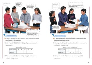 4544
① Mide el peso de 10, 20, 30, 40 y 50 hojas. Registra esos datos en la
siguiente tabla.
② Piensa cómo calcular el número de hojas de papel a partir de los
resultados del experimento.
Indaga la relación que hay entre la cantidad de papel y su peso para encontrar el
número de hojas de una pila de papel.
① Construye pilas de hojas de 1 cm, 2 cm, 3 cm, 4 cm y 5 cm. Anota los
resultados en la tabla de abajo.
② Piensa cómo calcular el número de hojas de papel a partir del
experimento.
Observemos la relación que hay entre el número de hojas y el grosor de la
pila para encontrar cuántas hojas hay.
Número de hojas 10 20 30 40 50
Peso ( g )
Número de hojas
Grosor (cm) 1 2 3 4 5
Número de hojas y su peso Numero de hojas y grosor de la pila
Experimentemos Experimentemos
No es fácil contar
las hojas.
¿Cuántas hojas
de papel hay en
esta pila?
Podemos contarlas a
través del peso de la
pila, ¿de acuerdo?
Hay una relación directa entre el peso
del papel y el número de hojas,
porque la pila de papel pesa más al
aumentar el número de hojas.
¿Con qué más
podemos relacionar
el número de hojas?
La altura de la pila de papel se relaciona
directamente con el número de hojas de
papel… La altura aumenta cuando aumen-
tamos el número de hojas.
¿Podemos calcular
el número de hojas
con otro método?
Contemos cuántas hojas
hay en una pila de un
centímetro de altura.
 