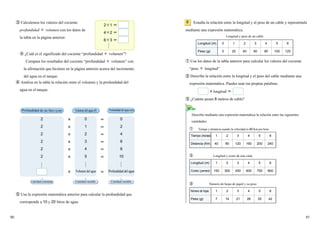 5150
③ Calculemos los valores del cociente
profundidad ÷ volumen con los datos de
la tabla en la página anterior.
④ Analiza en la tabla la relación entre el volumen y la profundidad del
agua en el tanque.
2÷1 ＝
4÷2 ＝
6÷3 ＝
ⓐ ¿Cuál es el significado del cociente “profundidad ÷ volumen”?
Compara los resultados del cociente “profundidad ÷ volumen” con
la afirmación que hicimos en la página anterior acerca del incremento
del agua en el tanque.
Profundidad de un litro (cm) Profundidad del agua (cm)Volumen del agua (l)
2
2
2
2
2
2
0
1
2
3
4
5
0
2
4
6
8
10
×
×
×
×
×
×
＝
＝
＝
＝
＝
＝
× ＝Volumen del agua Profundidad del agua
Cantidad variable Cantidad variable
⑤ Usa la expresión matemática anterior para calcular la profundidad que
corresponde a 10 y 20 litros de agua.
Estudia la relación entre la longitud y el peso de un cable y represéntala
mediante una expresión matemática.
6
① Usa los datos de la tabla anterior para calcular los valores del cociente
“peso ÷ longitud”
② Describe la relación entre la longitud y el peso del cable mediante una
expresión matemática. Puedes usar tus propias palabras.
③ ¿Cuánto pesan 8 metros de cable?
×longitud ＝
Longitud (m) 0 1 2 3 4 6
Peso (g) 0 20 40 60 80 120
Longitud y peso de un cable
5
100
Describe mediante una expresión matemática la relación entre las siguientes
cantidades.
Tiempo (horas) 1 2 3 4 5
Distancia (Km) 40 80 120 160 200
6
240
Longitud (m) 1 2 3 4 5
Costo (yenes) 150 300 450 600 750
6
900
Tiempo y distancia cuando la velocidad es 40 Km por hora
Longitud y costo de una cinta
Número de hojas 1 2 3 4 5
Peso (g) 7 14 21 28 35
6
42
Número de hojas de papel y su peso
Cantidad constante
②
③
①
 