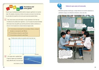 Hay varias teorías acerca del tiempo en el que aumentará el nivel del mar.
Considera las tres predicciones siguientes y usa el concepto de proporcionalidad
directa para trazar una gráfica que permita pronosticar cuántos centímetros se
elevará el nivel actual de los océanos dentro de algunos años.
1
¿En cuántos años quedarán bajo
el agua los lugares que actualmente
están a 50 cm sobre el nivel del mar?
2
• Se prevé que el calentamiento global tendrá un impacto significativo en nuestras
vidas. Por ejemplo, al derretirse el hielo en los polos se elevará el nivel del mar,
lo cual reducirá la superficie de la tierra que las personas pueden habitar.
El nivel del mar se ha elevado 12 cm en los últimos 100 años y continuará
elevándose en esta proporción cada 100 años.
El nivel del mar se elevará 4 cm cada 10 años.
El nivel del mar se elevará 6 cm cada 10 años.
0
50
100
50 100
Predicciones sobre el aumento del nivel del mar(cm)
(año)
• Diariamente gastamos mucha agua y energía eléctrica en la escuela. Analicemos la
cantidad de energía y los sobrantes de alimentos y otras cosas más.
(Isla Funafuti en Tuvalu)
Valora lo que usas en la escuela
5958
Yo investigaré el consumo
de energía eléctrica.
Yo investigaré
el consumo de
agua.
Yo investigaré
el consumo de gas.
Hay muchos niños en el mundo
que carecen de alimentos. Yo
quiero investigar cuánta comida
se desperdicia en los almuerzos
escolares.
Pronósticos del
clima global
 