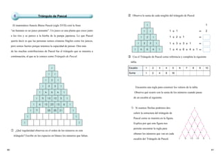 8180
El matemático francés Blaise Pascal (siglo XVII) creó la frase
“un humano es un junco pensante”. Un junco es una planta que crece junto
a los ríos y se parece a la hierba de la pampa japonesa. Lo que Pascal
quería decir es que las personas somos criaturas frágiles como los juncos,
pero somos fuertes porque tenemos la capacidad de pensar. Otra más
de las muchas contribuciones de Pascal fue el triángulo que se muestra a
continuación, al que se le conoce como Triángulo de Pascal.
① ¿Qué regularidad observas en el orden de los números en este
triángulo? Escribe en los espacios en blanco los números que faltan.
② Observa la suma de cada renglón del triángulo de Pascal.
③ Usa el Triángulo de Pascal como referencia y completa la siguiente
tabla.
Encuentra una regla para construir los valores de la tabla.
Observa qué ocurre con la suma de los números cuando pasas
de un escalón al siguiente.
1 ＋ ＋4 6 ＋ 4 ＋ 1 ＝
1 ＋ ＋3 3 ＋ 1 ＝
1 ＋ ＋2 1 ＝
1 ＋ 1 ＝ 2
1
Triángulo de Pascal6
Escalón 1 2 3 4 5 6 7 8 9 10
Suma 1 2 4 8 16
Si usamos flechas podemos des-
cubrir la estructura del triángulo de
Pascal como se muestra en la figura.
Explica por qué esta figura nos
permite encontrar la regla para
obtener los números que van en cada
escalón del Triángulo de Pascal.
 