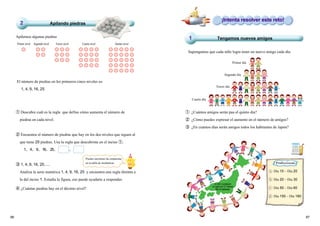8786
Apilemos algunas piedras
Primer nivel Segundo nivel Tercer nivel Cuarto nivel Quinto nivel
El número de piedras en los primeros cinco niveles es:
1, 4, 9, 16, 25
① Descubre cuál es la regla que define cómo aumenta el número de
piedras en cada nivel.
② Encuentra el número de piedras que hay en los dos niveles que siguen al
que tiene 25 piedras. Usa la regla que descubriste en el inciso ①.
1，4，9，16，25， ，
③ 1, 4, 9, 16, 25......
Analiza la serie numérica 1, 4, 9, 16, 25 y encuentra una regla distinta a
la del inciso 1. Estudia la figura, eso puede ayudarte a responder.
④ ¿Cuántas piedras hay en el décimo nivel?
Primer día
Segundo día
Tercer día
Cuarto día
① ¿Cuántos amigos serán paa el quinto día?
② ¿Cómo puedes expresar el aumento en el número de amigos?
③ ¿En cuántos días serán amigos todos los habitantes de Japón?
Supongamos que cada niño logra tener un nuevo amigo cada día.
Tengamos nuevos amigos1
¡Intenta resolver este reto!
Apilando piedras2
Puedes encontrar las respuestas
en la tabla de multiplicar.
Día 10 – Día 20
Día 20 – Día 30
Día 50 – Día 60
Día 150 – Día 160
En 2003, la población
en Japón era 127 millones
650 mil habitantes.
Predicciones
 