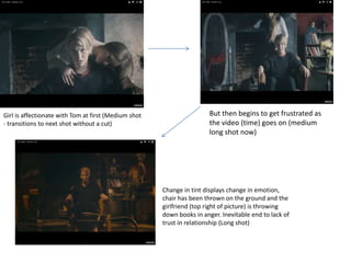 Girl is affectionate with Tom at first (Medium shot
- transitions to next shot without a cut)
But then begins to get frustrated as
the video (time) goes on (medium
long shot now)
Change in tint displays change in emotion,
chair has been thrown on the ground and the
girlfriend (top right of picture) is throwing
down books in anger. Inevitable end to lack of
trust in relationship (Long shot)
 