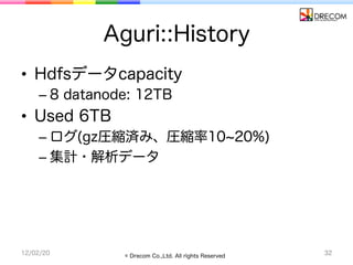 Aguri::History
•  Hdfsデータcapacity
    –  8 datanode: 12TB
•  Used 6TB
    –  ログ(gz圧縮済み、圧縮率10 20%)
    –  集計・解析データ




12/0...