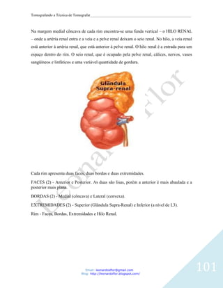 Tomografando a Técnica de Tomografar_______________________________________________________



Na margem medial côncava de cada rim encontra-se uma fenda vertical – o HILO RENAL
– onde a artéria renal entra e a veia e a pelve renal deixam o seio renal. No hilo, a veia renal
está anterior à artéria renal, que está anterior à pelve renal. O hilo renal é a entrada para um
espaço dentro do rim. O seio renal, que é ocupado pela pelve renal, cálices, nervos, vasos
sangüíneos e linfáticos e uma variável quantidade de gordura.




Cada rim apresenta duas faces, duas bordas e duas extremidades.

FACES (2) - Anterior e Posterior. As duas são lisas, porém a anterior é mais abaulada e a
posterior mais plana.

BORDAS (2) - Medial (côncava) e Lateral (convexa).

EXTREMIDADES (2) - Superior (Glândula Supra-Renal) e Inferior (a nível de L3).

Rim - Faces, Bordas, Extremidades e Hilo Renal.




                                 Email: leonardosflor@gmail.com
                              Blog: http://leonardoflor.blogspot.com/
                                                                                                   101
 