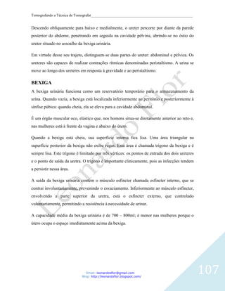 Tomografando a Técnica de Tomografar_______________________________________________________


Descendo obliquamente para baixo e medialmente, o ureter percorre por diante da parede
posterior do abdome, penetrando em seguida na cavidade pélvina, abrindo-se no óstio do
ureter situado no assoalho da bexiga urinária.

Em virtude desse seu trajeto, distinguem-se duas partes do ureter: abdominal e pélvica. Os
ureteres são capazes de realizar contrações rítmicas denominadas peristaltismo. A urina se
move ao longo dos ureteres em resposta à gravidade e ao peristaltismo.

BEXIGA
A bexiga urinária funciona como um reservatório temporário para o armazenamento da
urina. Quando vazia, a bexiga está localizada inferiormente ao peritônio e posteriormente à
sínfise púbica: quando cheia, ela se eleva para a cavidade abdominal.

É um órgão muscular oco, elástico que, nos homens situa-se diretamente anterior ao reto e,
nas mulheres está à frente da vagina e abaixo do útero.

Quando a bexiga está cheia, sua superfície interna fica lisa. Uma área triangular na
superfície posterior da bexiga não exibe rugas. Esta área é chamada trígono da bexiga e é
sempre lisa. Este trígono é limitado por três vértices: os pontos de entrada dos dois ureteres
e o ponto de saída da uretra. O trígono é importante clinicamente, pois as infecções tendem
a persistir nessa área.

A saída da bexiga urinária contém o músculo esfíncter chamada esfíncter interno, que se
contrai involuntariamente, prevenindo o esvaziamento. Inferiormente ao músculo esfíncter,
envolvendo a parte superior da uretra, está o esfíncter externo, que controlado
voluntariamente, permitindo a resistência à necessidade de urinar.

A capacidade média da bexiga urinária é de 700 – 800ml; é menor nas mulheres porque o
útero ocupa o espaço imediatamente acima da bexiga.




                                Email: leonardosflor@gmail.com
                             Blog: http://leonardoflor.blogspot.com/
                                                                                                 107
 