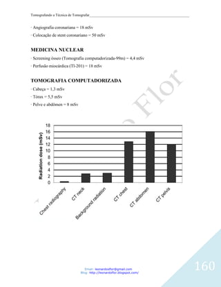 Tomografando a Técnica de Tomografar_______________________________________________________


· Angiografia coronariana = 18 mSv
· Colocação de stent coronariano = 50 mSv


MEDICINA NUCLEAR
· Screening ósseo (Tomografia computadorizada-99m) = 4,4 mSv
· Perfusão miocárdica (Tl-201) = 18 mSv


TOMOGRAFIA COMPUTADORIZADA
· Cabeça = 1,3 mSv
· Tórax = 5,5 mSv
· Pelve e abdômen = 8 mSv




                               Email: leonardosflor@gmail.com
                            Blog: http://leonardoflor.blogspot.com/
                                                                                              160
 
