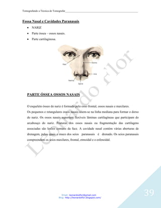 Tomografando a Técnica de Tomografar_______________________________________________________



Fossa Nasal e Cavidades Paranasais
       NARIZ
       Parte óssea – ossos nasais.
       Parte cartilaginosa.




   PARTE ÓSSEA OSSOS NASAIS


   O esqueleto ósseo do nariz é formado pelo osso frontal, ossos nasais e maxilares.
   Os pequenos e retangulares ossos nasais unem-se na linha mediana para formar o dorso
   do nariz. Os ossos nasais suportam flexíveis lâminas cartilagíneas que participam do
   arcabouço do nariz. Fraturas dos ossos nasais ou fragmentação das cartilagens
   associadas são lesões comuns da face. A cavidade nasal contém várias aberturas de
   drenagem, pelos quais o muco dos seios paranasais é drenado. Os seios paranasais
   compreendem os seios maxilares, frontal, etmoidal e o esfenoidal.




                                 Email: leonardosflor@gmail.com
                              Blog: http://leonardoflor.blogspot.com/
                                                                                              39
 