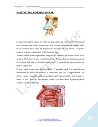 Tomografando a Técnica de Tomografar_______________________________________________________


   NARIZ (VISTA ÂNTERO-LATERAL)




   É uma protuberância situada no centro da face, sendo sua parte exterior denominada
   nariz externo e a escavação que apresenta interiormente conhecida por cavidade nasal.
   O nariz externo tem a forma de uma pirâmide triangular de base inferior e cuja face
   posterior se ajusta verticalmente no 1/3 médio da face.
   As faces laterais do nariz apresentam uma saliência semilunar que recebe o nome de asa
   do nariz. O ar entra no trato respiratório através de duas aberturas chamadas narinas.
   Em seguida, flui para as cavidades nasais, direita e esquerda que são revestidas por
   mucosa respiratória.
   O septo nasal separa essas duas cavidades. A cavidade nasal é a escavação que
   encontramos no interior do nariz, ela é subdividida em dois compartimentos um
   direito e outro esquerdo. Cada compartimento dispõe de um orifício anterior que é a
   narina e um posterior denominado coana. As coanas fazem a comunicação da
   cavidade nasal com a faringe




                               Email: leonardosflor@gmail.com
                            Blog: http://leonardoflor.blogspot.com/
                                                                                              40
 