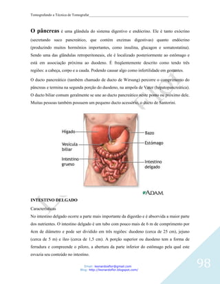 Tomografando a Técnica de Tomografar_______________________________________________________



O pâncreas        é uma glândula do sistema digestivo e endócrino. Ele é tanto exócrino

(secretando suco pancreático, que contém enzimas digestivas) quanto endócrino
(produzindo muitos hormônios importantes, como insulina, glucagon e somatostatina).
Sendo uma das glândulas retroperitoneais, ele é localizado posteriormente ao estômago e
está em associação próxima ao duodeno. É freqüentemente descrito como tendo três
regiões: a cabeça, corpo e a cauda. Podendo causar algo como infertilidade em gestantes.

O ducto pancreático (também chamado de ducto de Wirsung) percorre o comprimento do
pâncreas e termina na segunda porção do duodeno, na ampola de Vater (hepatopancreática).
O ducto biliar comum geralmente se une ao ducto pancreático neste ponto ou próximo dele.
Muitas pessoas também possuem um pequeno ducto acessório, o ducto de Santorini.




INTESTINO DELGADO

Características
No intestino delgado ocorre a parte mais importante da digestão e é absorvida a maior parte
dos nutrientes. O intestino delgado é um tubo com pouco mais de 6 m de comprimento por
4cm de diâmetro e pode ser dividido em três regiões: duodeno (cerca de 25 cm), jejuno
(cerca de 5 m) e íleo (cerca de 1,5 cm). A porção superior ou duodeno tem a forma de
ferradura e compreende o piloro, a abertura da parte inferior do estômago pela qual este
esvazia seu conteúdo no intestino.

                               Email: leonardosflor@gmail.com
                            Blog: http://leonardoflor.blogspot.com/
                                                                                              98
 