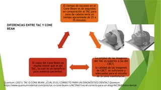 DIFERENCIAS ENTRE TAC Y CONE
BEAM
Quantum. (2021). TAC O CONE BEAM. ¿CUÁL ES EL CORRECTO PARA UN DIAGNÓSTICO DENTAL? Quantum.
https://www.quantumrxdental.com/post/tac-o-cone-beam-cu%C3%A1l-es-el-correcto-para-un-diagn%C3%B3stico-dental
El tiempo de escaneo en el
Cone Beam es de segundos
en comparación al TAC para
zona de cabeza sería un
tiempo aproximado de 25 a
35 minutos.
La calidad de las imagenes
del TAC es superior a las del
CBCT,
la calidad de las imagenes
de CBCT es suficiente y
adecuadas para el estudio
de la zona maxilofacial.
El costo del Cone Beam es
mucho menor que el del
TAC, lo cual es un beneficio
para nuestros pacientes.
 