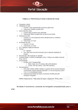 AN02FREV001/REV 4.0
199
TABELA 4. PROTOCOLO FACE E SEIOS DA FACE
FONTE: Disponível em: <http://www.cbr.org.br>. Acesso em: 19 nov. 2012.
Na tabela 5 encontra-se o protocolo de tomografia computadorizada para a
ATM.
 