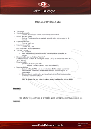 AN02FREV001/REV 4.0
200
TABELA 5. PROTOCOLO ATM
FONTE: Disponível em: <http://www.cbr.org.br>. Acesso em: 19 nov. 2012.
Pescoço
Na tabela 6 encontra-se o protocolo para tomografia computadorizada de
pescoço.
 