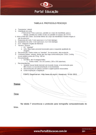 AN02FREV001/REV 4.0
201
TABELA 6. PROTOCOLO PESCOÇO
FONTE: Disponível em: <http://www.cbr.org.br>. Acesso em: 19 nov. 2012.
Tronco
Tórax
Na tabela 7 encontra-se o protocolo para tomografia computadorizada do
tórax.
 