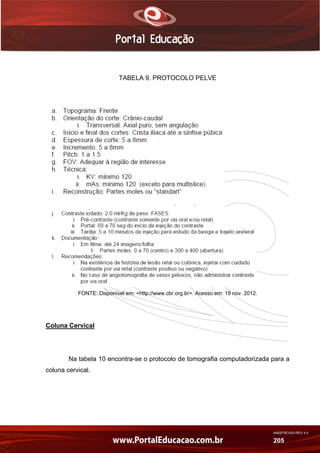 AN02FREV001/REV 4.0
205
TABELA 9. PROTOCOLO PELVE
FONTE: Disponível em: <http://www.cbr.org.br>. Acesso em: 19 nov. 2012.
Coluna Cervical
Na tabela 10 encontra-se o protocolo de tomografia computadorizada para a
coluna cervical.
 