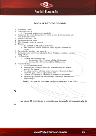 AN02FREV001/REV 4.0
210
TABELA 14. PROTOCOLO QUADRIL
FONTE: Disponível em: <http://www.cbr.org.br>. Acesso em: 19 nov. 2012.
Pé
Na tabela 15 encontra-se o protocolo para tomografia computadorizada do
pé.
 