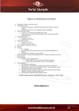 AN02FREV001/REV 4.0
212
TABELA 15. PROTOCOLO COTOVELO
FONTE: Disponível em: <http://www.cbr.org.br>. Acesso em: 19 nov. 2012.
FIM DO MÓDULO V
 