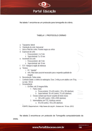 AN02FREV001/REV 4.0
196
Na tabela 1 encontra-se um protocolo para tomografia do crânio.
TABELA 1. PROTOCOLO CRÂNIO
FONTE: Disponível em: <http://www.cbr.org.br>. Acesso em: 19 nov. 2012.
Na tabela 2 encontra-se um protocolo de Tomografia computadorizado da
órbita.
 