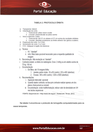 AN02FREV001/REV 4.0
197
TABELA 2. PROTOCOLO ÓRBITA
FONTE: Disponível em: <http://www.cbr.org.br>. Acesso em: 19 nov. 2012.
Na tabela 3 encontra-se o protocolo de tomografia computadorizada para os
ossos temporais.
 