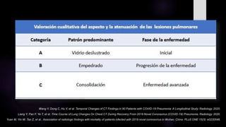 Wang Y, Dong C, Hu Y, et al. Temporal Changes of CT Findings in 90 Patients with COVID-19 Pneumonia: A Longitudinal Study. Radiology. 2020.
Liang Y, Pan F, Ye T, et al. Time Course of Lung Changes On Chest CT During Recovery From 2019 Novel Coronavirus (COVID-19) Pneumonia. Radiology. 2020.
Yuan M, Yin W, Tao Z, et al.. Association of radiologic findings with mortality of patients infected with 2019 novel coronavirus in Wuhan, China. PLoS ONE 15(3): e0230548.
 