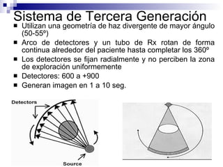 Sistema de Tercera Generación Utilizan una geometría de haz divergente de mayor ángulo (50-55º) Arco de detectores y un tubo de Rx rotan de forma continua alrededor del paciente hasta completar los 360º Los detectores se fijan radialmente y no perciben la zona de exploración uniformemente Detectores: 600 a +900 Generan imagen en 1 a 10 seg. 